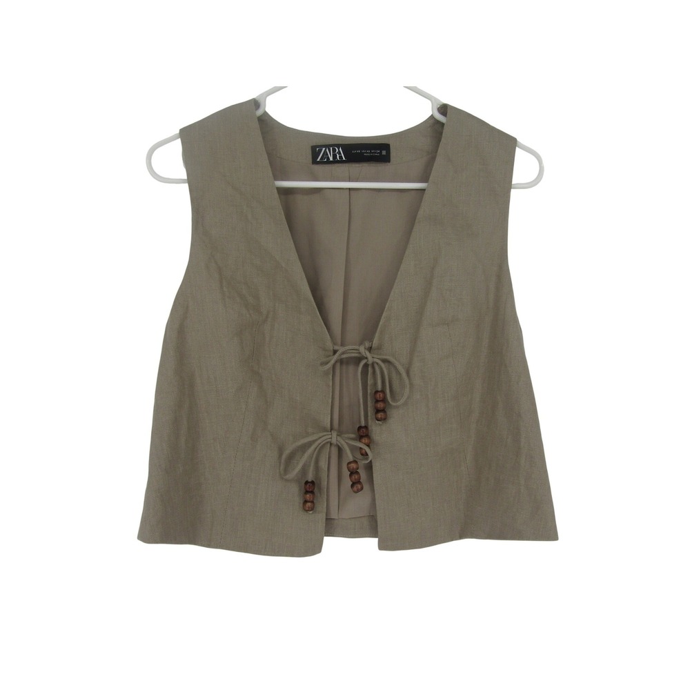 Zara Linen Vest Womens XS Taupe Bead Boho Coastal Minimal Earthy Natural Festive